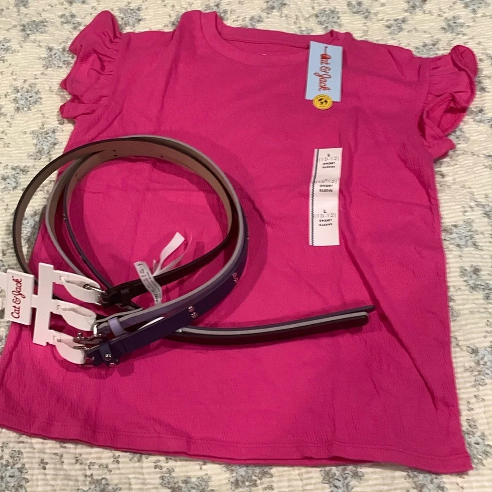 Cat & Jack Pink Shirt and 3 Belts NEW Size Large 10-12 Black Blue & Purple Belts
